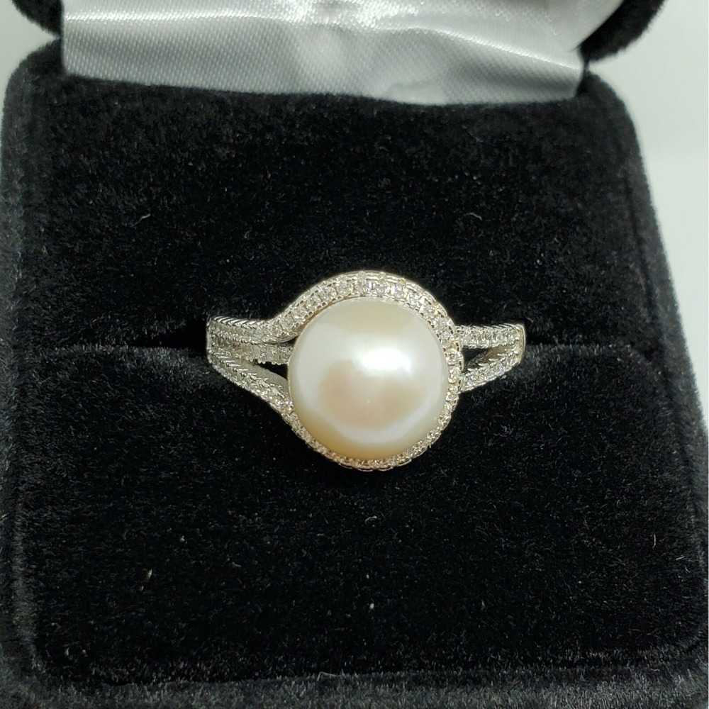 Zenalya White Pearl Ring sz 9 Rain Drop Setting Swarovski Crystal Silver New